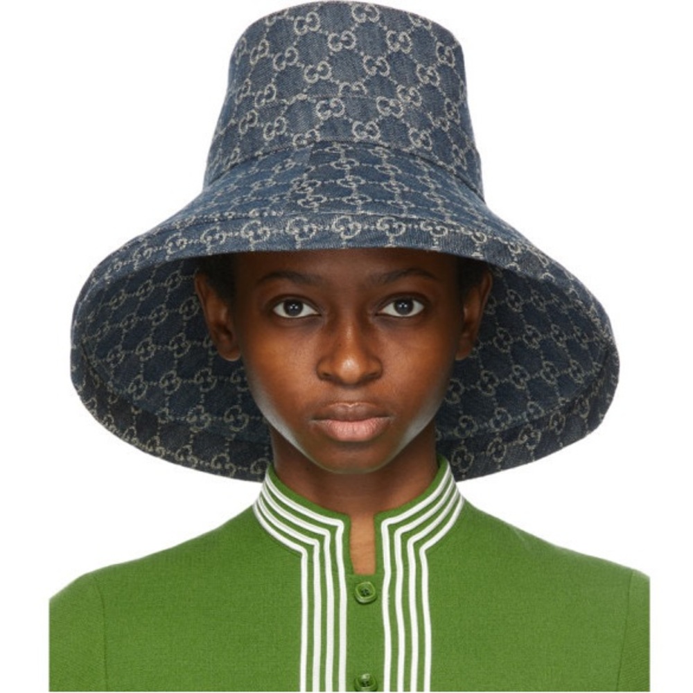 Gucci GG Denim Monogram Bucket Hat Wide Large Brim Navy Blue Sun Coverage - Picture 5 of 15